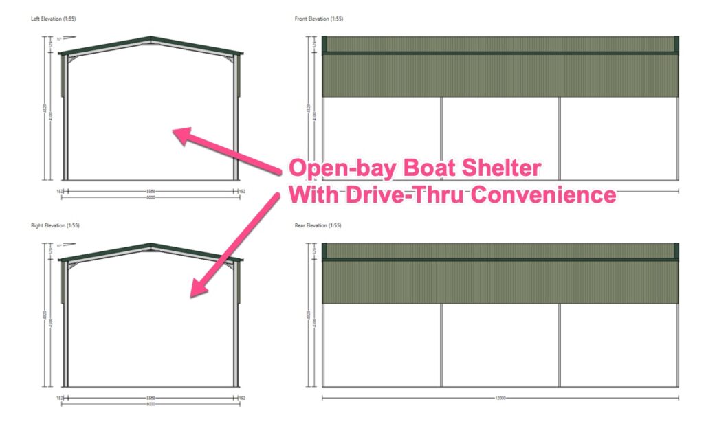 Open bay boat shelter design